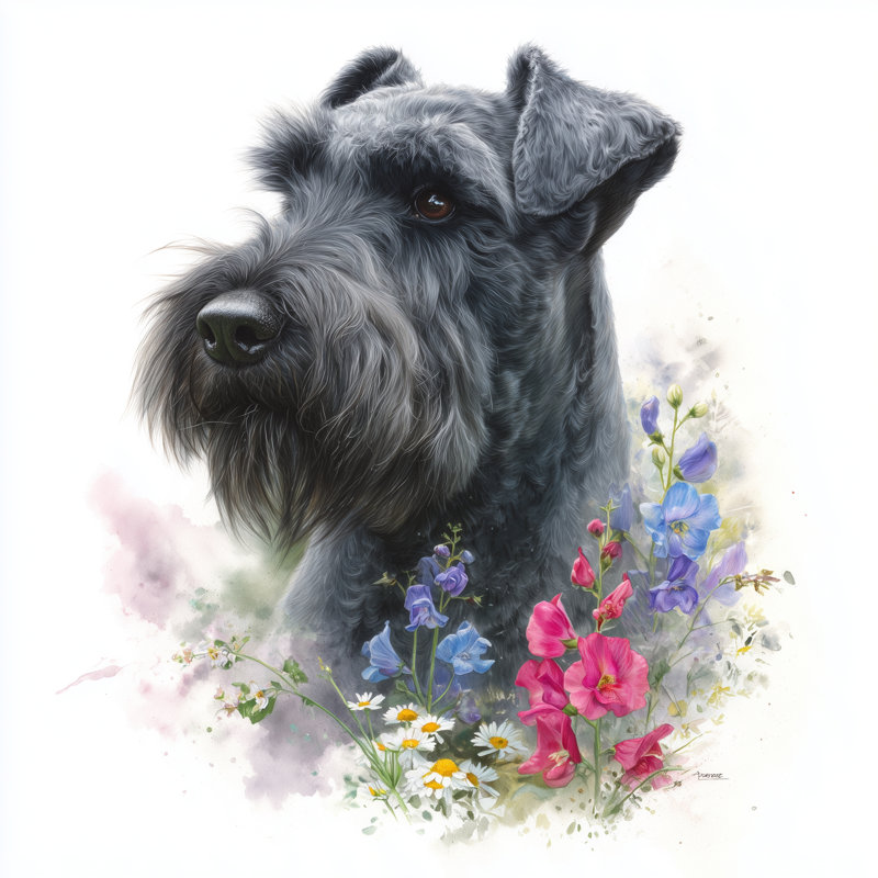 Schnauzer avec fleurs sauvages - art mural sur toile tendue