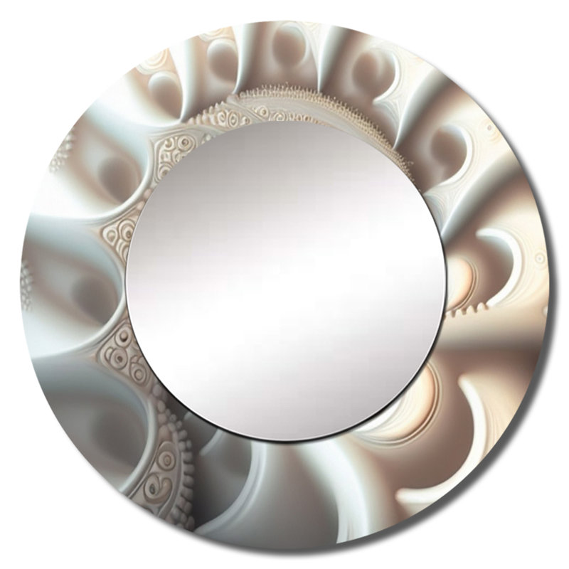 White Fractal Spiraling II - miroir décoratif géométrique, miroir mural rond blanc, impression d'art en métal, 36 po x 36 po