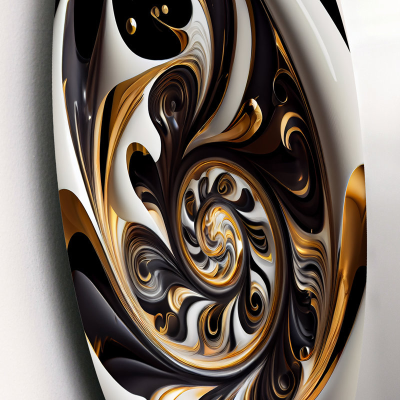 Vitrail doré noir et blanc II - Spirales abstraites, art mural rond sur métal, L 23 po x H 23 po