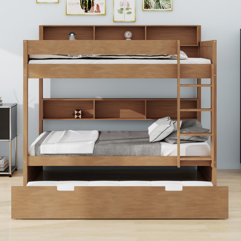 Lit superposé avec lit gigogne, Simple sur simple, Bois antique