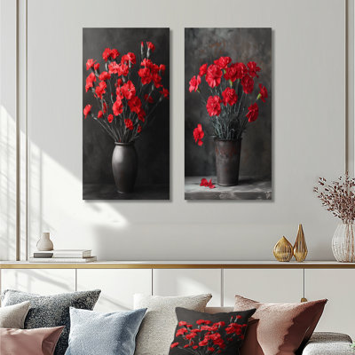 Monochromes rouges et noirs avec œillets vibrants I - Floral, impression murale 2 pièces