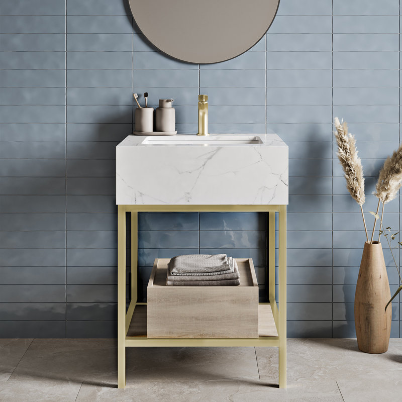Meuble-lavabo autoportant Beau en chêne et calacatta de 24 po Beau