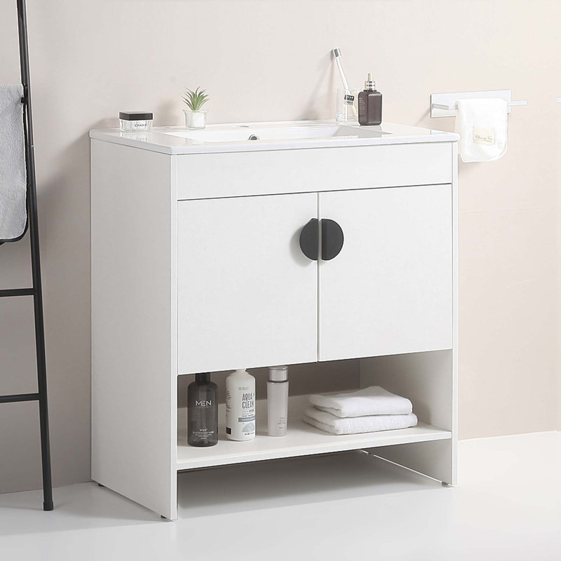 Meuble-lavabo de salle de bain avec lavabo en céramique blanche et 2 portes avec poignées en métal, Blanc