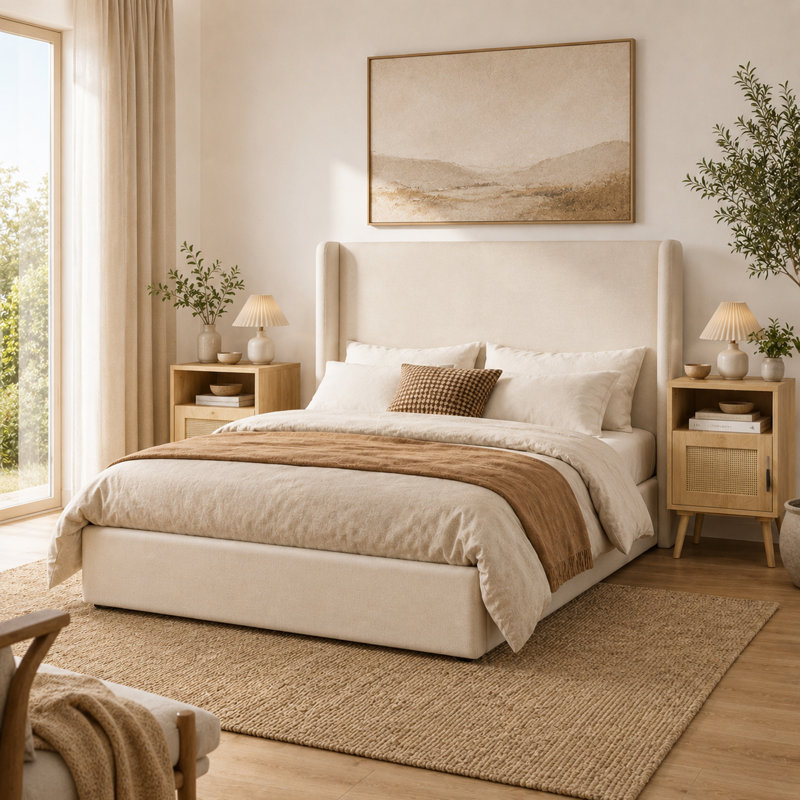 Ensemble de chambre à coucher 3 pièces - Lit plateforme tapissier avec tête de lit à oreilles de 54 po et table de chevet à 2 portes en rotin avec tablette ouverte