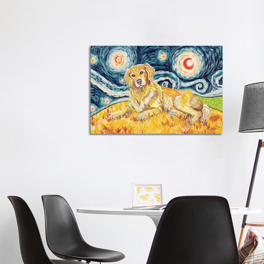 Golden Retriever On A Starry Night von Gretchen Kish Serrano - Galerieverpackte Leinwand ohne Rahmen Giclée auf Leinwand