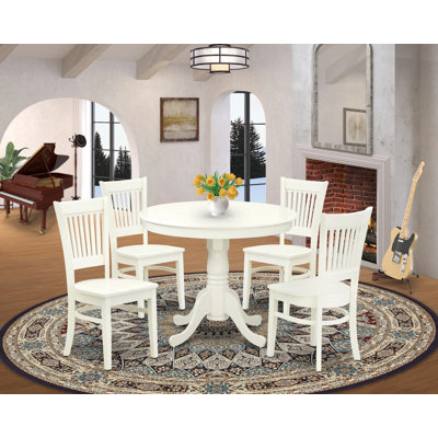 Ensemble de table de cuisine 5 pièces pour 4 personnes comprenant une table de salle à manger ronde avec piédestal et 4 chaises en bois massif, 36 x 36 po, lin blanc