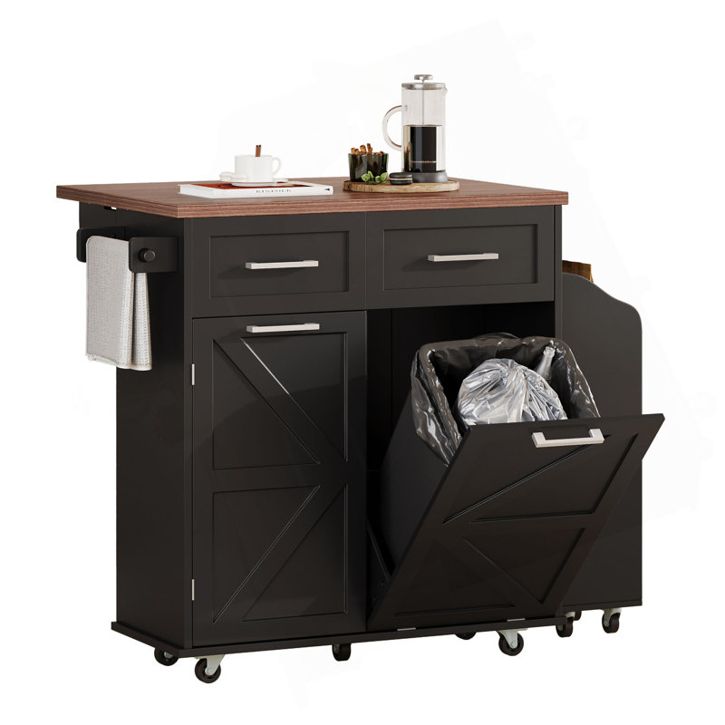 47.2" Farmhouse Kitchen Island With Drop Leaf, Kitchen Storage Island With Removable Side Racks, Two Drawers, Rolling Kitchen Cart On Wheels With Towel Rack, For Home, Kitchen, Dining Room