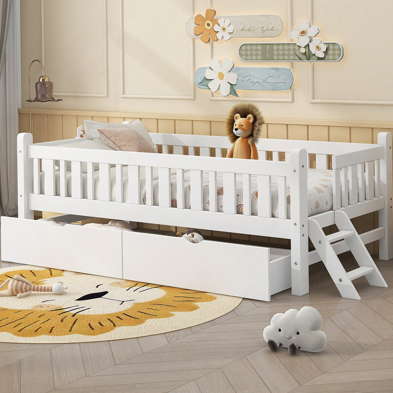 Lit plateforme simple en bois avec garde-corps et 2 tiroirs blanc