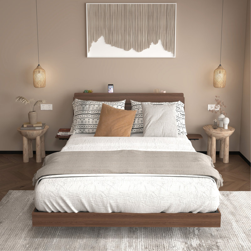 Floating Bed Frame Queen With Led Lights And Charging Station, Wood Queen Size Bed Frame With Storage Headboard, No Box Spring Needed, Easy Assembly,Walnut