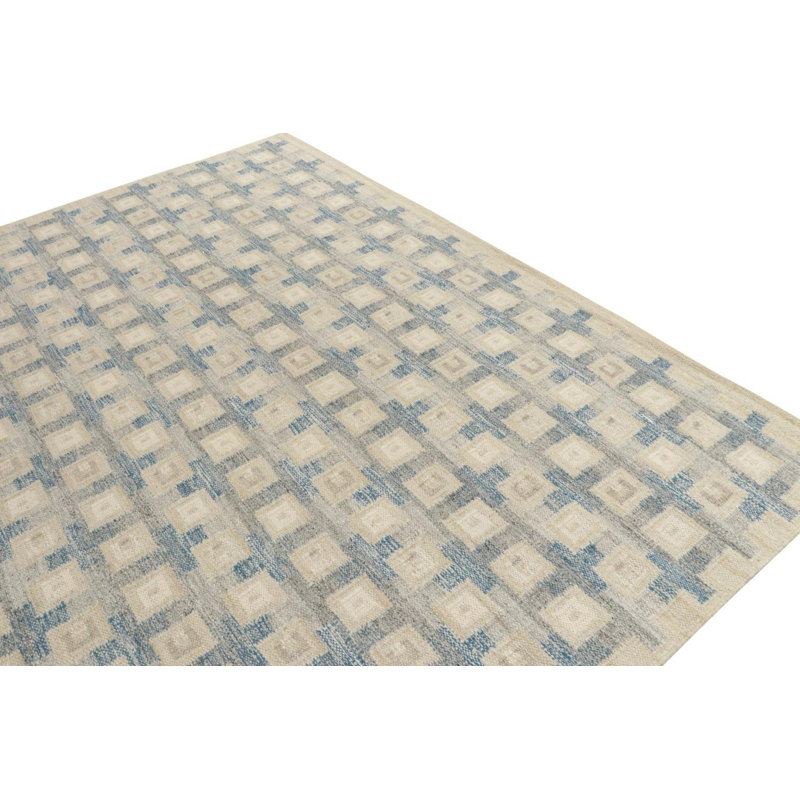 Scandinavian Rug In Blue, Greige Geometric Pattern By Rug & Kilim, Rectangle 9' x 12'