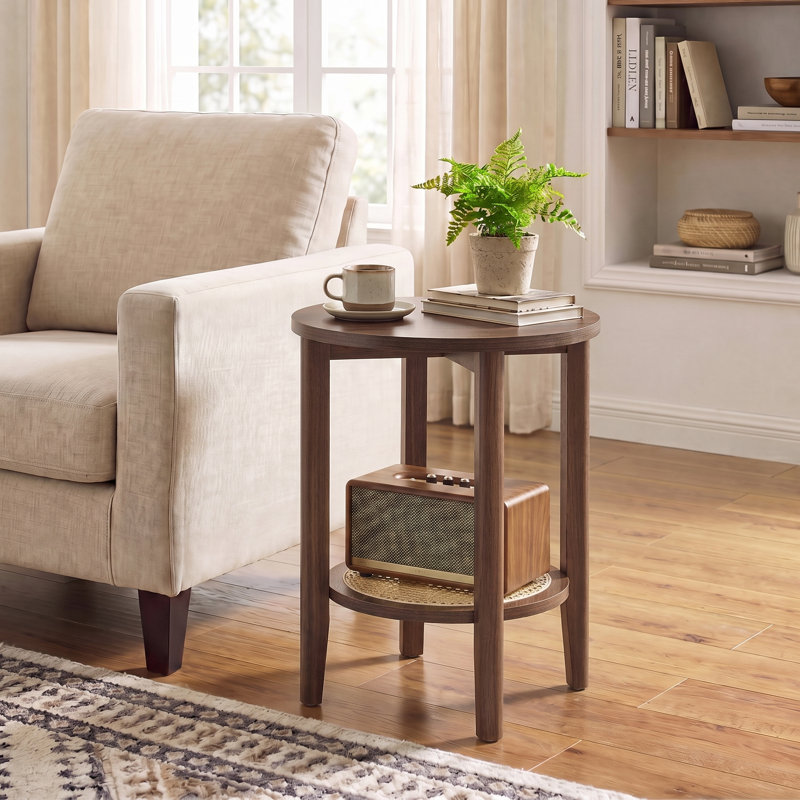Connhal Round 2-Tier End Table with Rattan Shelf, Oak Beige