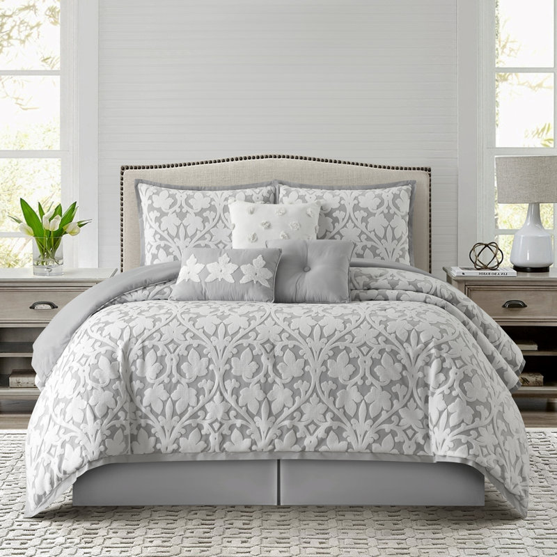 Ensemble d'édredon 7 pièces Adoria, Édredon de grande taille et 6 pièces supplément, Blanc / Gris