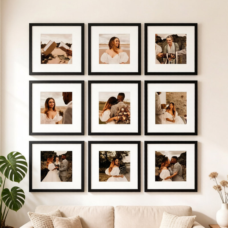 12x12 Picture Frames Set of 9, Square Gallery Wall Frames Displaying 8x8 Photos with Mat or 12x12 Without Mat, Black