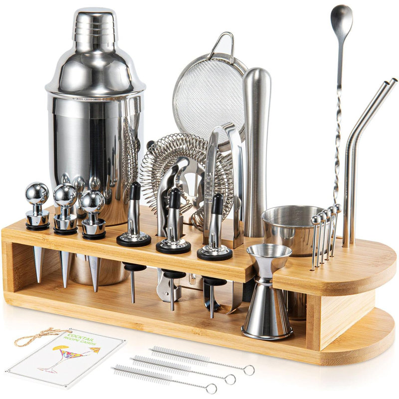 Ensemble 26 pièces shaker en acier inoxydable avec support en bambou - Ensemble barman professionnel