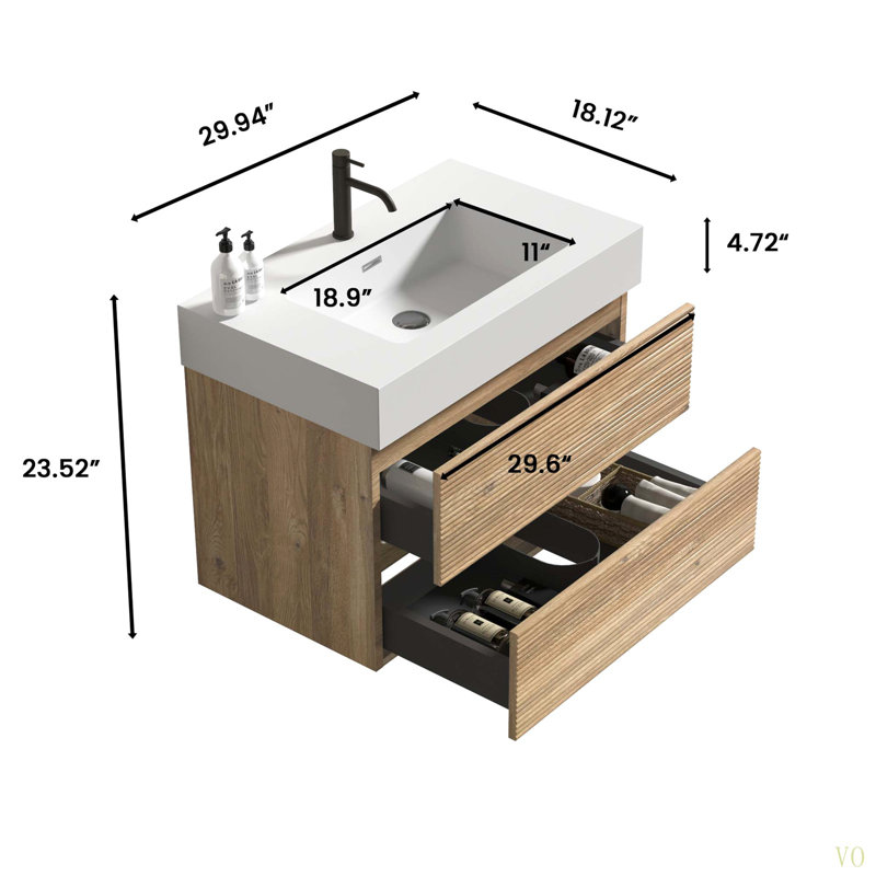30 pièces de meuble-lavabo avec lavabo à quartz et tiroirs souples, meuble-lavabo mural flottant pour salle de bain moderne, sans drain ni robinet, KD