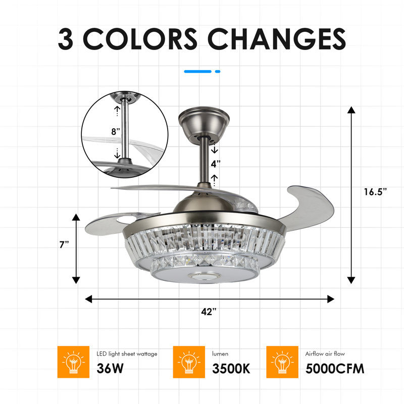 Jianu 42'' Bluetooth Ceiling Fan with Dimmable LED Lights and Music Player