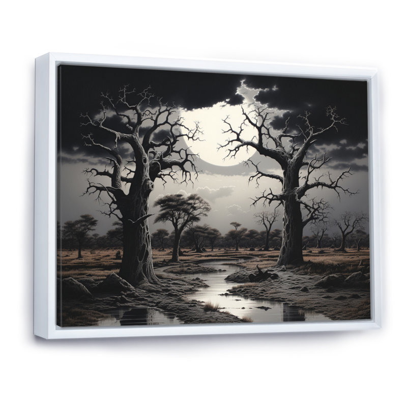 Baobab Tree Silent Sentinels, reproduction d'art sur toile, H 16 po x l 32 po x P 1 po, Cadre flottant blanc