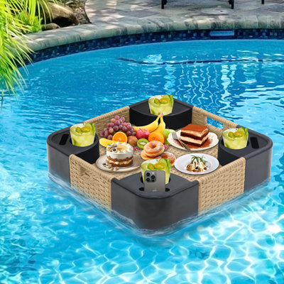Plateau flottant pour la piscine, la baignoire, le plateau de service carré en osier pour les boissons et les collations