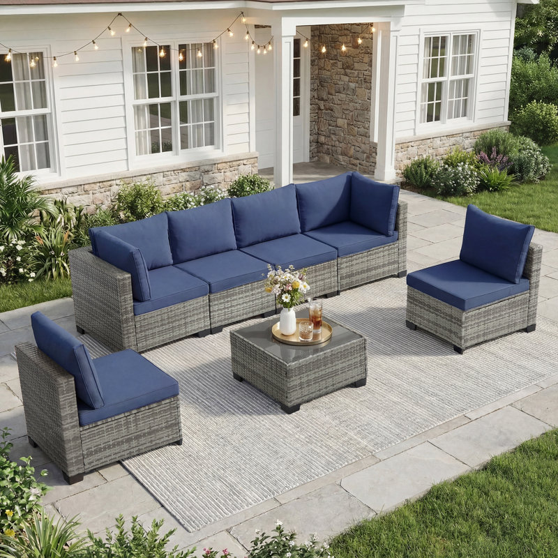 Ensemble de conversation modulaire 7 pièces, ensemble de conversation modulaire avec coussins 7 pièces, Bleu, Gris