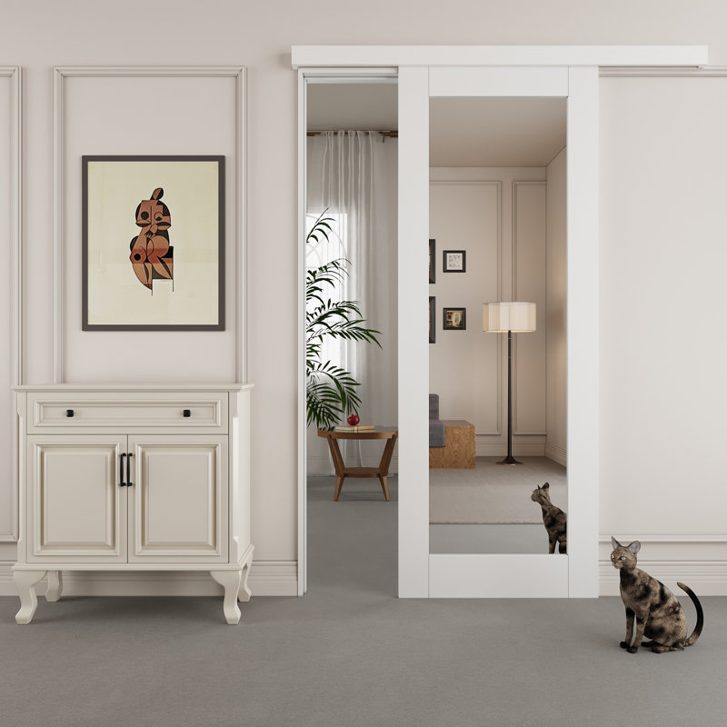 80" Hidden Style Track White Primed 1-Lite Glass Mirrored Sliding Barn Door With Hardware Kit(No Assembly Required)