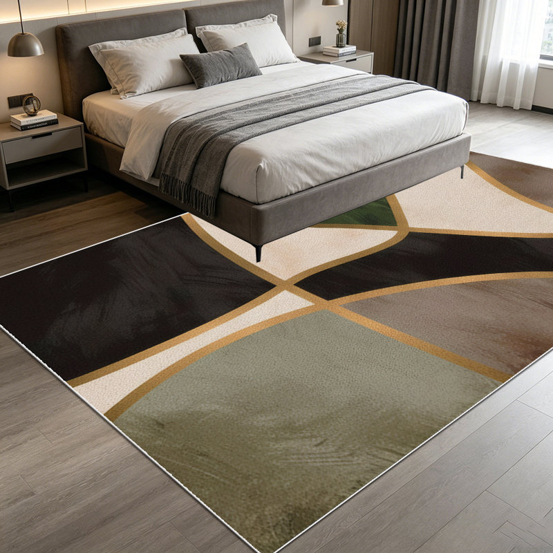 1PC modern gold trimmed curved earth tone geometric abstract area rugs for Living Room, Soft and Comfortable, Suitable for all seasons, easy-to-maintain, machine washable Indoor floor mat, Under Table Farmhouse suitable for dining table, bedroom,