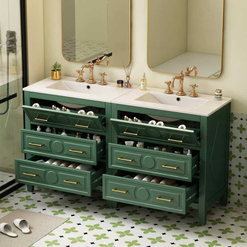 Meuble-lavabo de 60 po de style classique avec bois de pin massif de haute qualité, cadre en bois rétro à trois trous en céramique, éléments décoratifs en métal doré pour le rangement