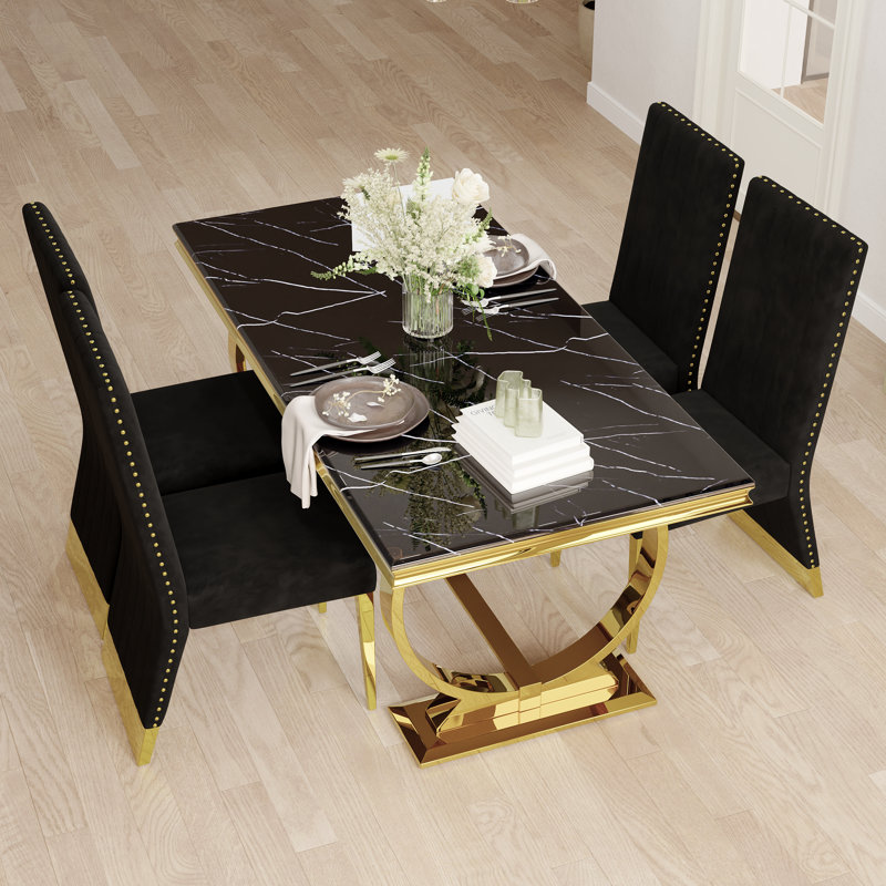 5 Piece Luxury And Stylish Dining Table Set With 4 Leather Dining Chairs, Black/Gold, Gold, Black