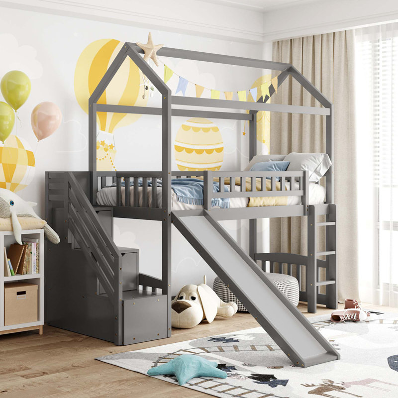 Loft Bed With 2 Drawers And Slide, House Bed With Slide, Grey
