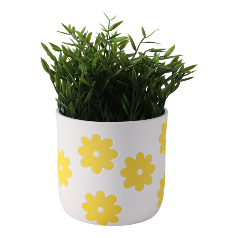 Stoneware Ceramic Planter With Raised Floral Design - Modern Decorative Single Pot For Stylish Indoor Plant Displays, Versatile Accent For Home Or Office Decor
