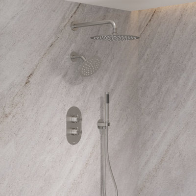 Système de douche à double pomme de douche 12 "et 6" avec douchette à main et valve à pression équilibrée en nickel brossé Angelsey