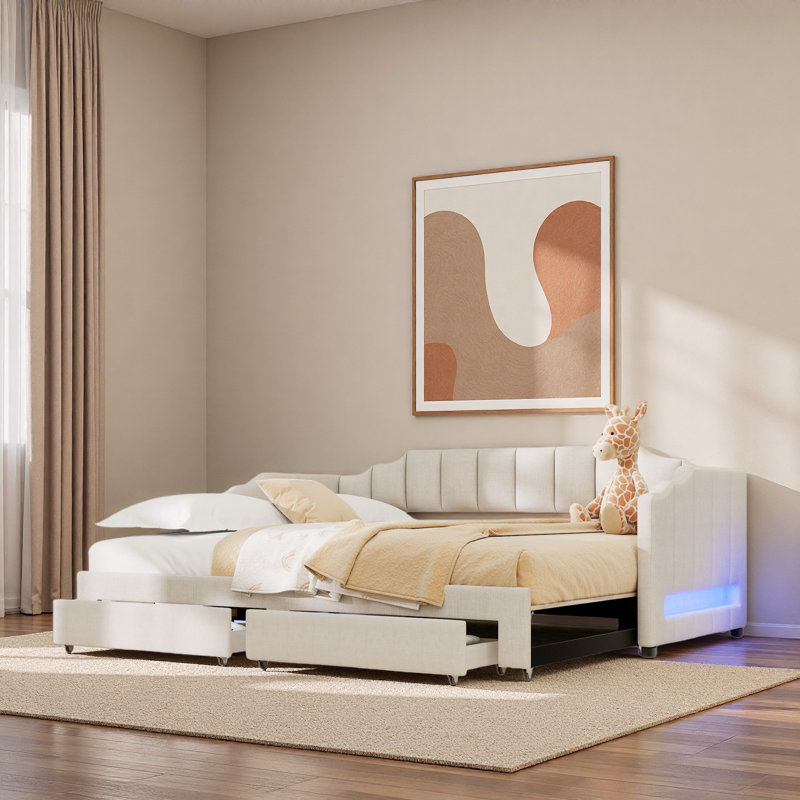Lit de jour rembourré extensible avec 2 tiroirs de rangement et lumière DEL