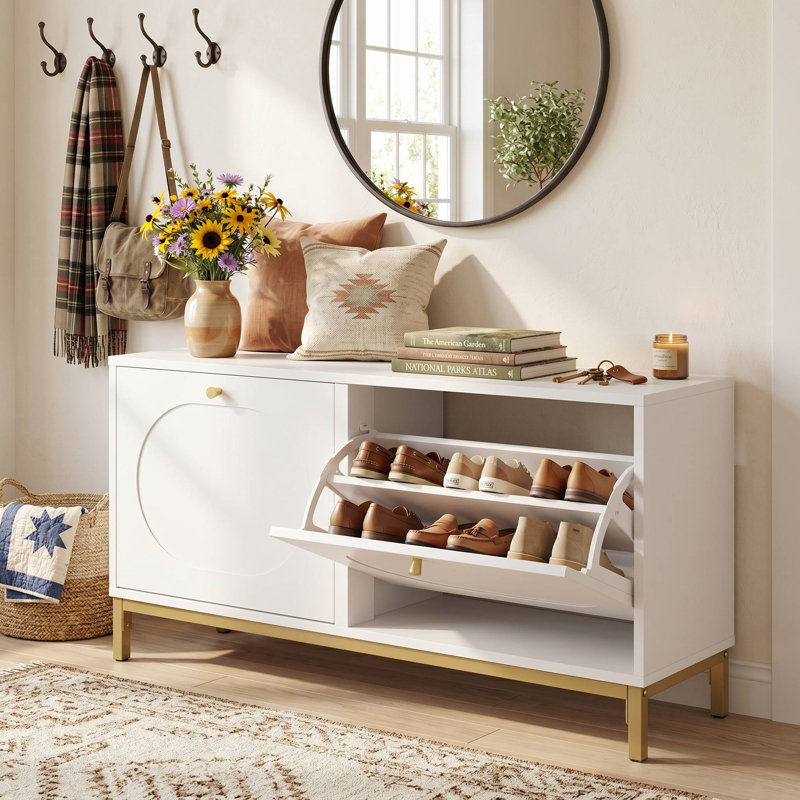 Banc de rangement étroit pour chaussures, 2 tiroirs lisses et tablettes intérieures réglables, siège rembourré antidérapant et conception anti-basculement convenant au vestibule