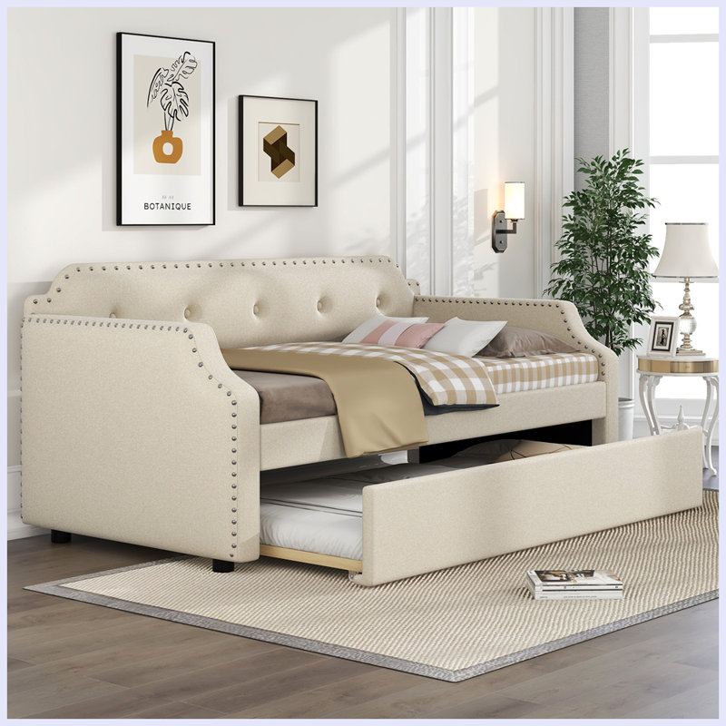 Herzberg Linen Upholstered Tufted Wooden Space Saver Daybed with Trundle, Beige