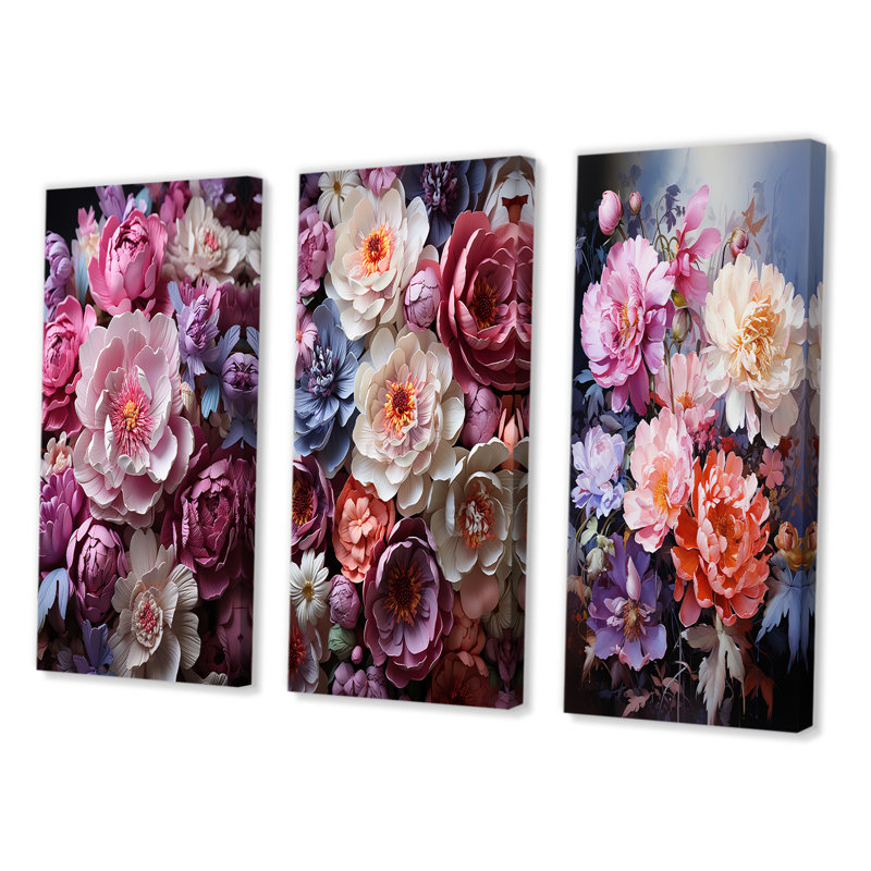 «Asian Art Peonyes in Pink», 3 pièces sur toile, Toile tendue, H 28 po x l 36 po