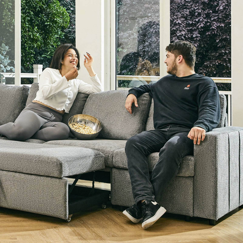 Ensemble de repose-pieds avec rangement pour canapé et table basse Rafael, Chenille gris pâle