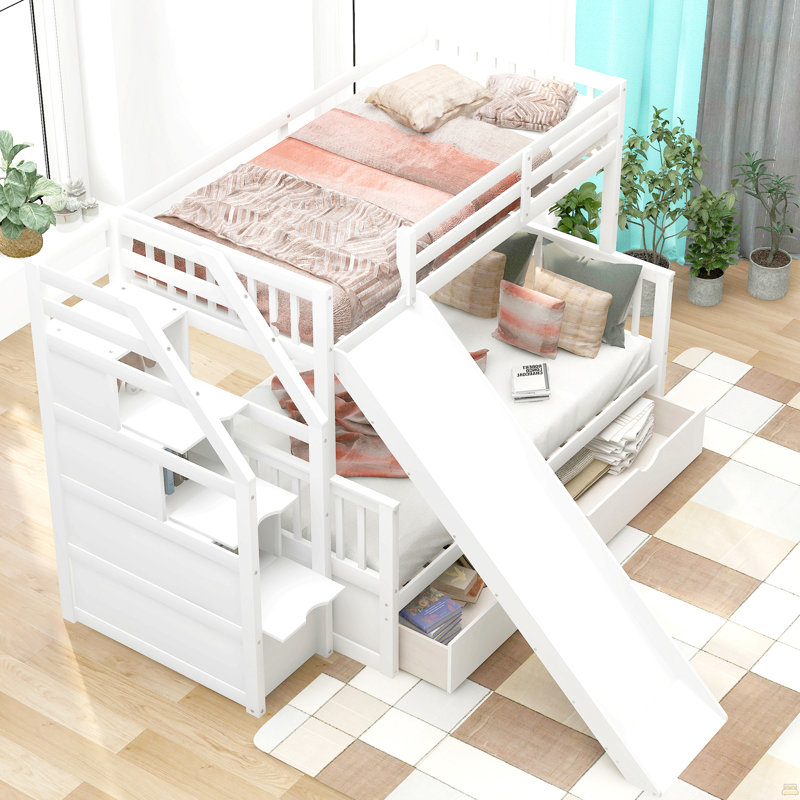Lit simple superposé au dessus d'un lit double avec tiroirs, rangement et glissade, Blanc