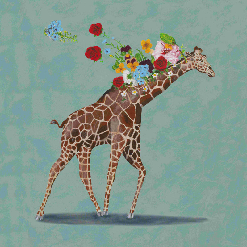 Girafe avec des fleurs - Peinture, H 12 po x l 12 po, Non, Toile tendue