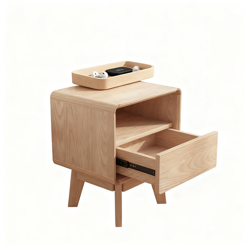Table de chevet en bois massif avec tiroir et tablette ouverte, table de chevet moderne de style Mid-Century avec finition en bois naturel, conception compacte et robuste pour la chambre à coucher ou le bureau, assemblage facile