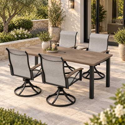 Ensemble de table et de chaises de jardin en teck grainé avec 4 chaises berçantes pivotantes en textilène