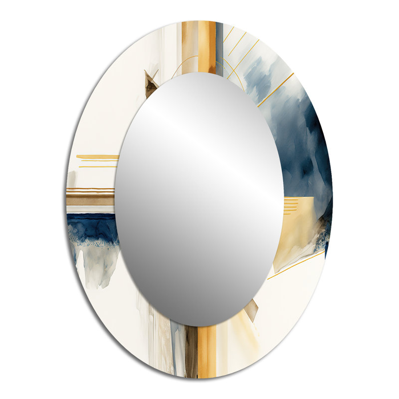 Modern Blue And Gold Abstract IV - Modern Oval Wall Mirror, 40" x 30"