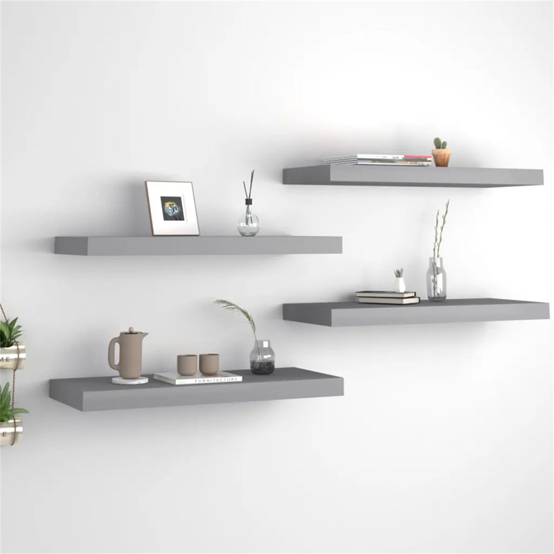 Arsis 4 Piece Metal Floating Shelf, 3.8cm H x 23.5cm W x 120cm D, Grey