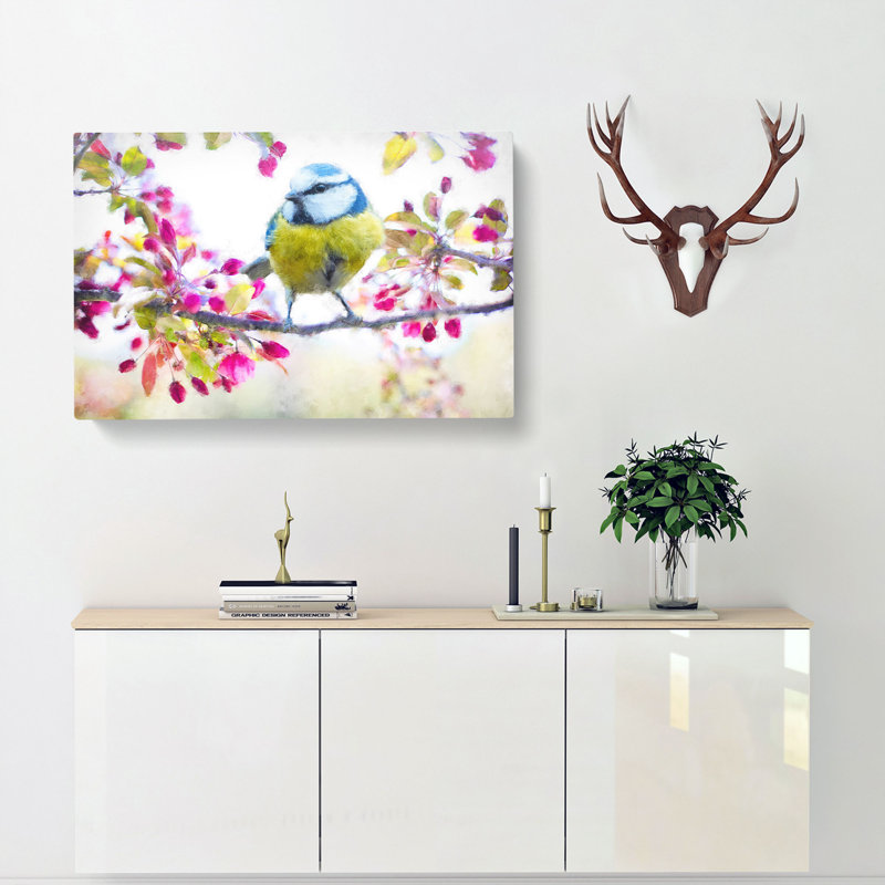 Blue Tit Bird In Spring Painting - Wrapped Canvas Graphic Art, 40cm H x 60cm W x 3cm D