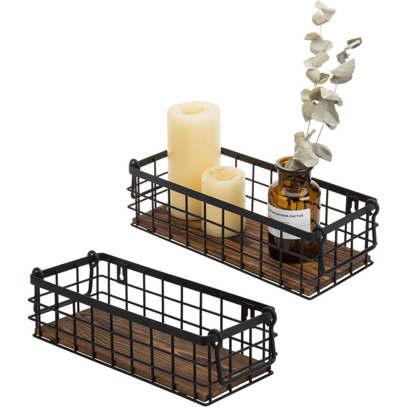 Wall Mounted Or Tabletop Rustic Black Metal Wire And Burnt Wood Small Decorative Storage Baskets With Handles