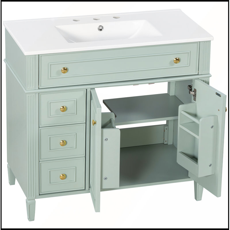 Meuble-lavabo 36 po avec lavabo, armoire en bois massif vert, tiroir rabattable, 3 tiroirs, 2 portes à fermeture en douceur, poignées dorées, design moderne, deux ensembles