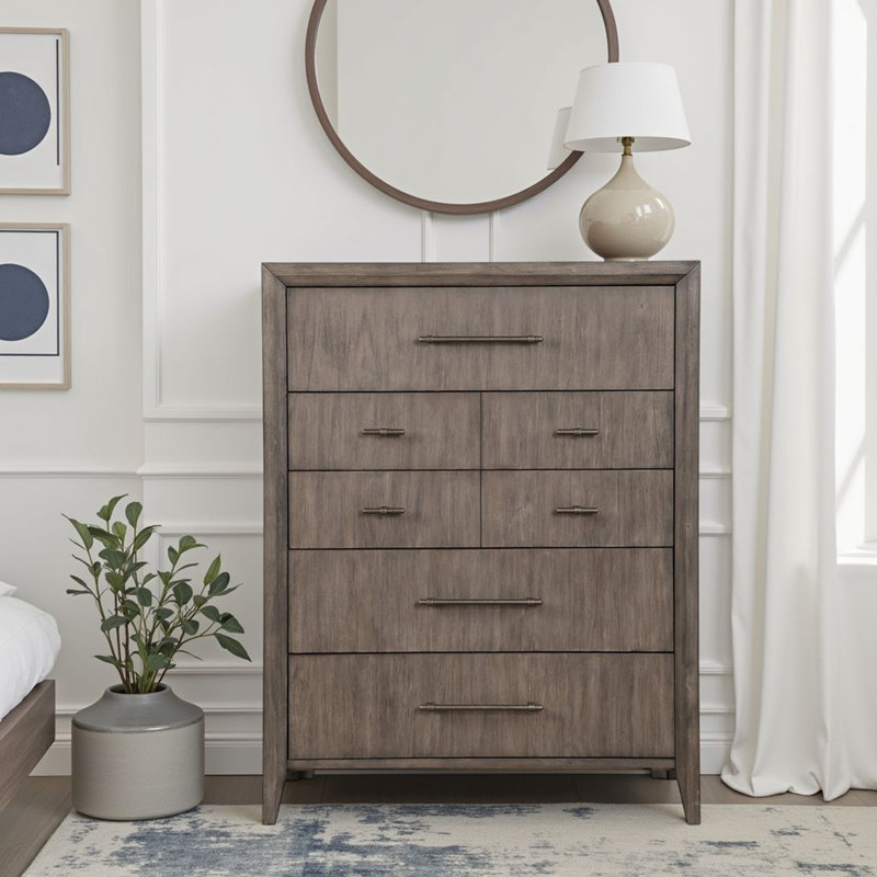 Commode 5 tiroirs, aucun assemblage requis, finition grège fumée