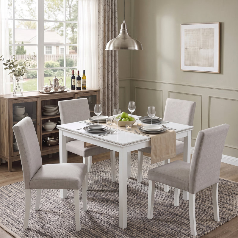 Ensemble de table de salle à manger 5 pièces avec garniture en cristal, 4 chaises rembourrées pour la salle à manger et la cuisine, finition blanche