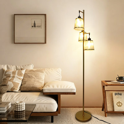 Lampe sur pied à 3 lumières pour arbre, lampe sur pied à intensité variable avec cadre en métal doré et abat-jour en tissu maillé pour le salon, la chambre à coucher (ampoules incluses)