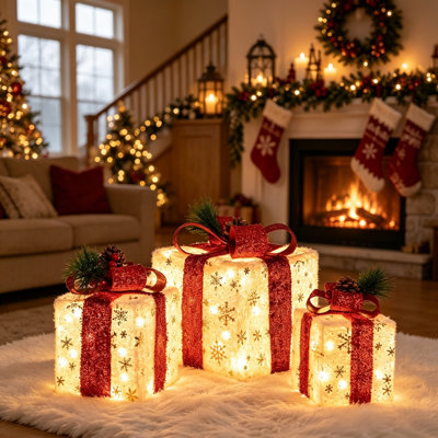 3 Pack Lighted Christmas Gift Boxes ,  Plug-In Indoor Outdoor Xmas Decor For Tree Porch Mantel