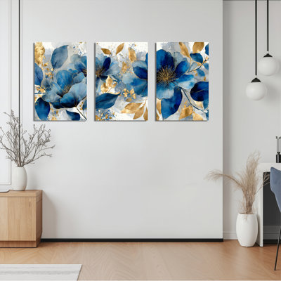 Blue Floral and Gold Leaf Abstract Canvas Wrapped Wall Art Set of 3 for Living Room Bedroom Decor