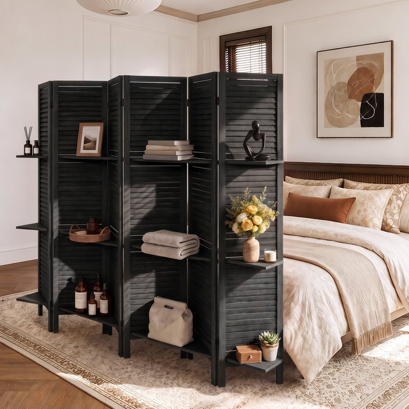 Paravent double face avec tablettes pour la séparation des pièces, 6, L 95 po x H 67 po, Noir